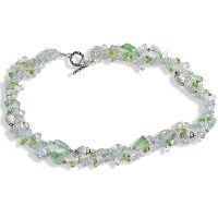 Blue Chalcedony, Green Calcite, Crystal, Peridot 3 Strand Beaded Necklace