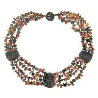 Carved Floral Onyx, Red Jasper, Tiger Eye Bead Necklace