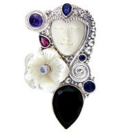 Goddess Pin-Pendant with Mother of Pearl Flower, Onyx, Pink Tourmaline, Amethyst,Tanzanite, and Iolite