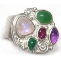 Rainbow Moonstone, Chrysoprase, Amethyst, Pink Tourmaline and Emerald Ring