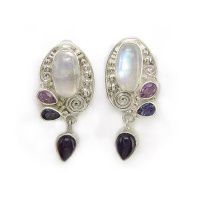 Rainbow Moonstone, Amethyst & Iolite Clip Earrings