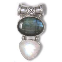 Labradorite & Rainbow Moonstone Pendant with Tube Bale and Chain