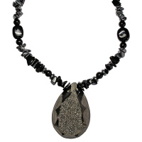 Black Diamond Faceted Window Druzy with Hematite and Onyx Beads Necklace 