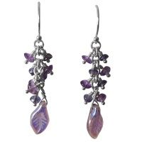 Dichroic Glass Leaf Earrings with Amethyst & Iolite Beads