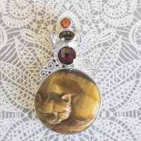 Tiger Eye Sleeping Cat Pendant with 18" Chain