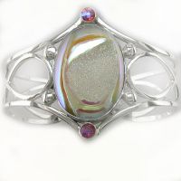 Opalized Window Druzy Cuff Bracelet with Rainbow Blush Quartz