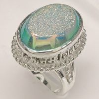 Golden Dream Aqua Window Druzy Ring with Om Mani Padme