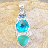 London Blue Quartz, Rainbow Teal Quartz , and Frosted Caribbean Quartz Pendant