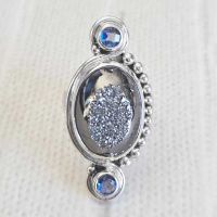 Platinum Window Druzy Ring with Rainbow Iris Quartz Size 7