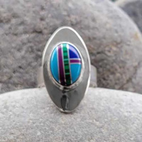 One of a Kind Inlaid Turquoise Multi Gemstone Ring Size 7