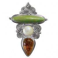 Turquoise Pin-Pendant with Mother of Pearl and Amber