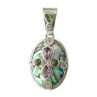 Paua Shell Pendant with Peridot and Amethyst and Sterling Silver Swirls
