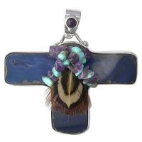 Blue Dyed Agate Eagle Fetish, Amethyst & Turquoise Pendant