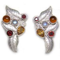 Multi-Gemstone Sterling Silver Leaf Clip on Earrings with Amber and Citrine