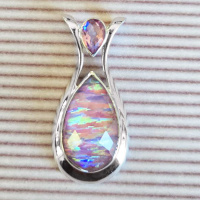 One of a Kind Lotus Pink Striated Created Opal Backed Quartz Pendant with Rainbow Pink Quartz