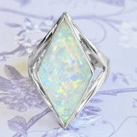 One of a Kind Diamond Shaped Snowy Created Opal Backed Quartz Ring Size 7.5