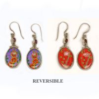 Japanese Painting Reversible Dangle Earrings with Amethyst and Garnet