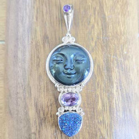 Obsidian Moon Goddess Pendant with Druzy