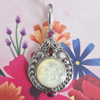 Sterling Silver Mother of Pearl Goddess Pendant with Ruby and Pink Tourmaline