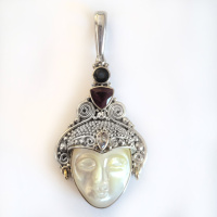 Sterling Silver Mother of Pearl Goddess Pendant with Ruby, Sapphire, and White Topaz