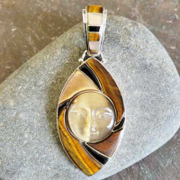 Sterling Silver Gold Fiber Optic Goddess Pendant with Black Shell, Tiger Eye, and Shell Inlay