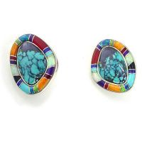 Chinese Turquoise, Multistone & Created Opal Inlay Clip Earrings