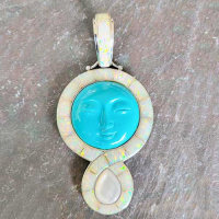 Sterling Silver Reconstituted Turquoise Goddess Pendant with Mother of Pearl and Inlaid Created Opal Inlay