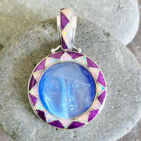Sterling Silver Blue Fiber Optic Goddess Pendant with Sugilite and Created Pink Opal Inlay