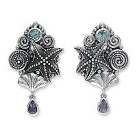 Sterling Silver Seashell and Starfish Earrings with Blue Topaz and Iolite