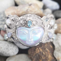 Opalized White Fiber Optic Face Bracelet with Apatite, White Pearl, Aquamarine & Blue Chalcedony