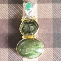 Green Opal, Green Watermelon Tourmaline & Emerald Vermeil Pendant