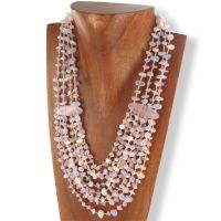 Rose Quartz, Blue Chalceondy and Mother of Pearl Beaded Necklace