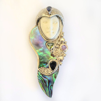 Sterling Silver Goddess Pin-Pendant with Paua Shell, Amethyst, Iolite, and Peridot