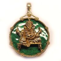 Bronze Ganesh Pendant with Enamel Coated Agate Dark Green