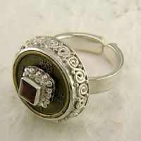 "Good Luck" Chinese Coin and Garnet Silver Ring