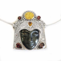 terling Silver Rainbow Obsidian Goddess Pendant with Gold Druzy, Garnet, and Citrine with Omega