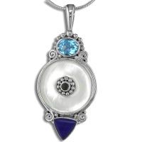Mother of Pearl, Swiss Blue Topaz Pendant with Lapis and Iolite