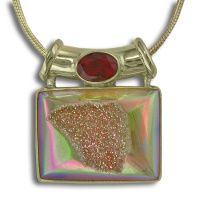 Carnelian Druzy & Mexican Fire Opal Vermeil Pendant with Chain