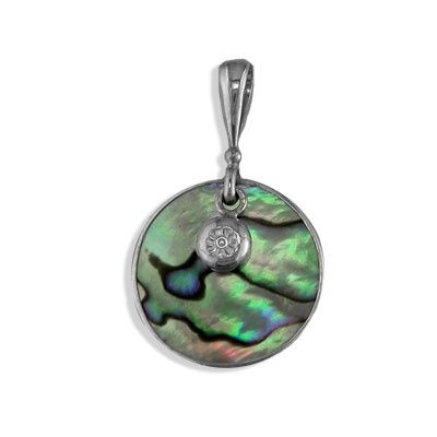 Sterling Round Paua Shell Pendant  with Charm