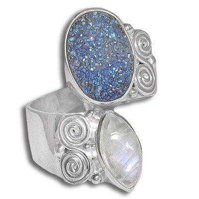 Sterling Rainbow Moonstone and Druzy Ring