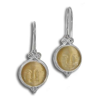 Sterling Dangle Earrings with Gold Fiber Optic Round Face 