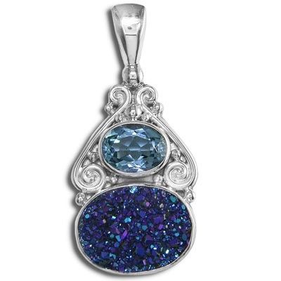 Caribbean Druzy and Swiss Blue Topaz Pendant