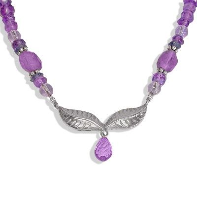 Amethyst Beaded Necklace with Silver Leaves