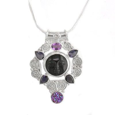 Rainbow Obsidian Goddess Pendant with Iolites and Druzy