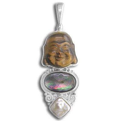 Tiger Eye Buddha Silver Pendant with Peach Pearl and Black Shell