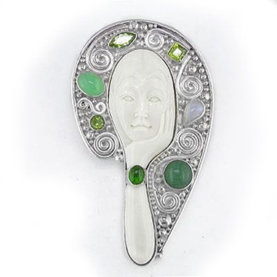 Goddess Pin-Pendant with Aventurine, Green Tourmaline, Rainbow Moonstone, Peridot & Chrysoprase