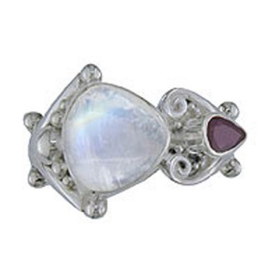 Rainbow Moonstone Adjustable Ring with Ruby