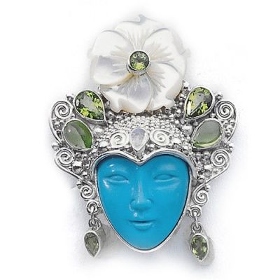 Turquoise Goddess Pin-Pendant with Mother of Pearl Flower, Peridot & Rainbow Moonstone