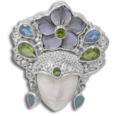 Goddess Pin-Pendant with Black Mother of Pearl Flower, Peridot, Apatite, Green Tourmaline, Blue Topaz & Vesuvanite 