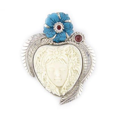Flower Goddess Pin-Pendant with Turquoise and Garnet